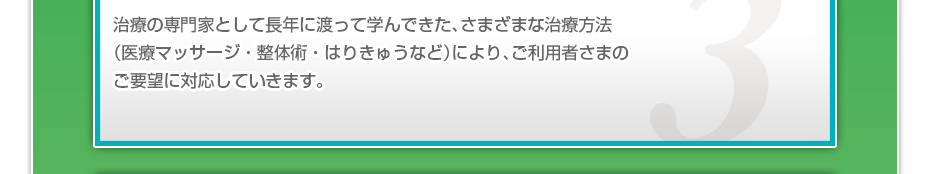 治療の専門家として長年に渡って学んできた、さまざまな治療方法(医療マッサージ・整体術・はりきゅうなど)により、ご利用者さまのご要望に対応していきます。